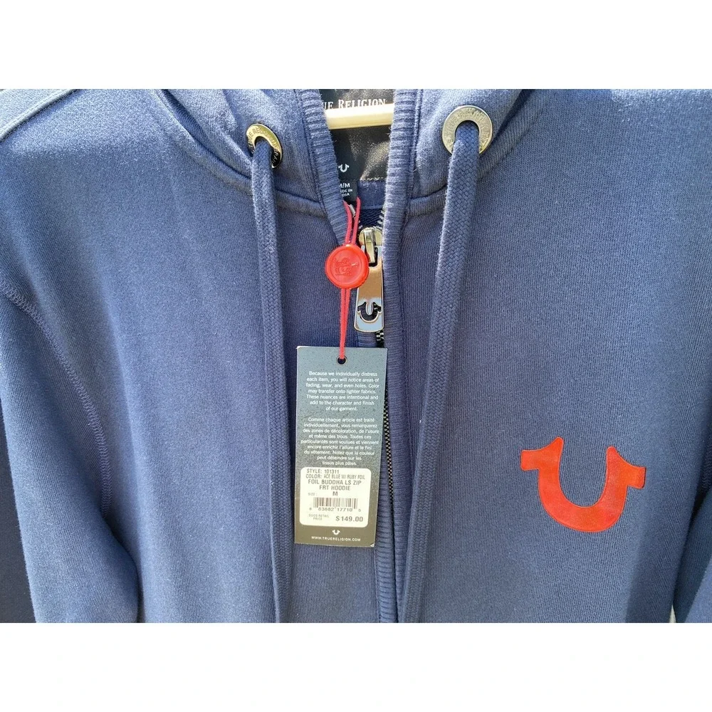 True Religion Mens Navy Blue Zip Up Hoodie Buddha World Tour Graphic Size M‎